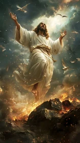 Radiant ascension above fiery rocks in celestial stormscape.