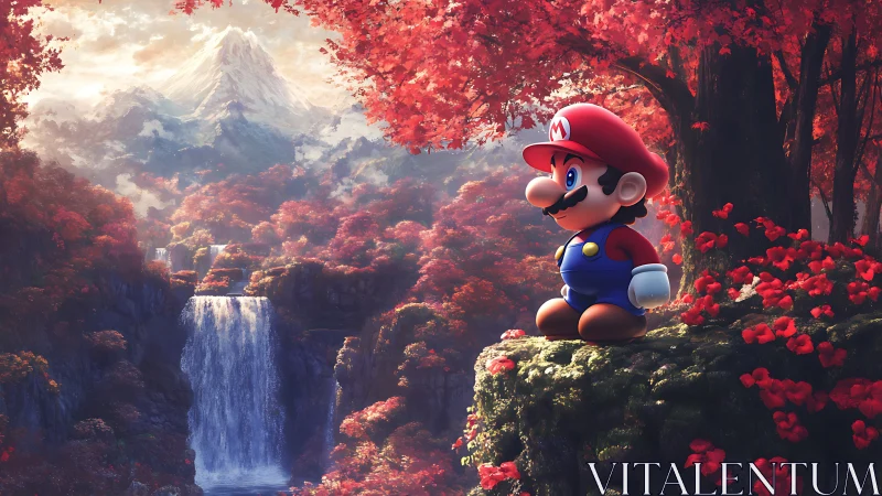Cartoon plumber rendered against volumetric-lit red forest valley