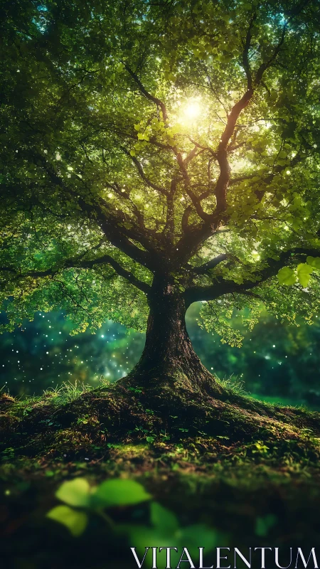 Sunlit forest tree welcomes quiet moments of gentle wonder
