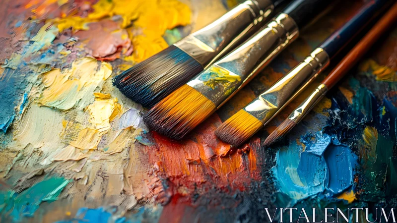 Set of paintbrushes on colorful textured oil paint palette, vivid style.