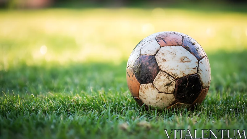 Weathered soccer ball rests on sunlit green field edge