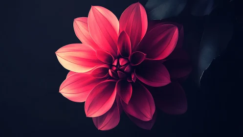 Radially symmetric magenta dahlia under controlled low key lighting.