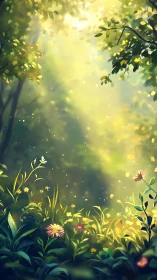 Sunlit Forest Meadow with Golden Light Filtering Through Canopy