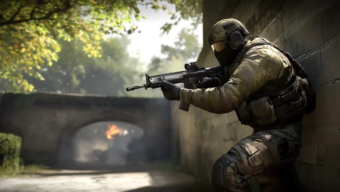 Tactical operator aiming rifle in sunlit stone alleyway