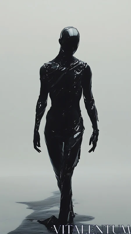 Human figure in glossy black liquid walking forward.