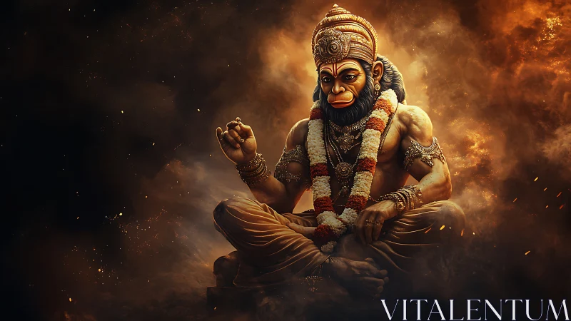 Simian-headed deity statue in seated meditative pose.