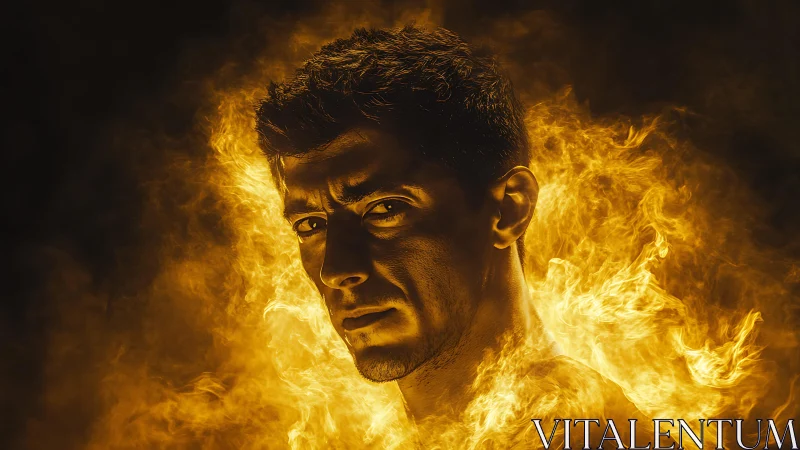 Photorealistic male portrait engulfed in dramatic flame halo.