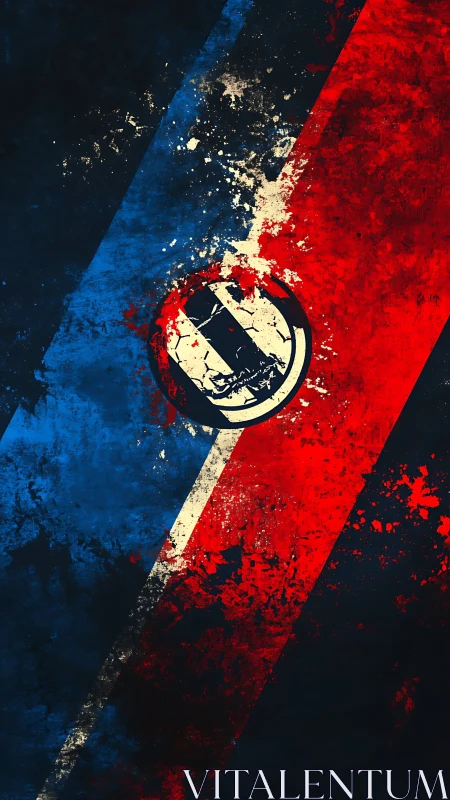 Grunge tricolor diagonal banner with circular emblem mark.