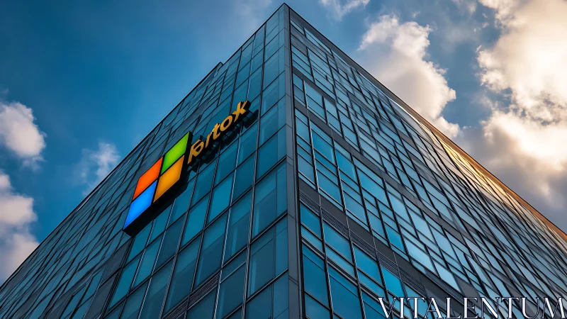 Glass office tower with colorful logo under evening sky.