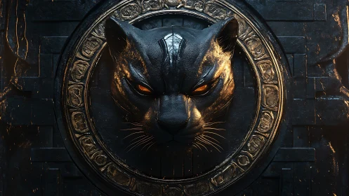 Sculpted panther relief emerges from ornate metallic portal