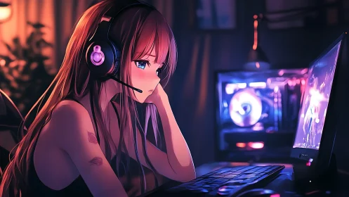 Neon-lit gamer drifts through midnight pixels and quiet thoughts