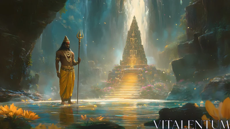Golden guardian stands before a radiant temple beneath falls