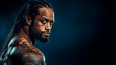 Tattooed man with dreadlocks stares over shoulder in studio