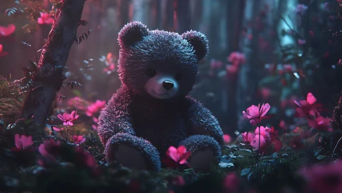 Soft teddy bear resting in neon-lit enchanted forest scene.