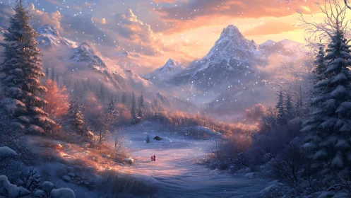 Snowy valley glows beneath pastel sunset-lit mountains.