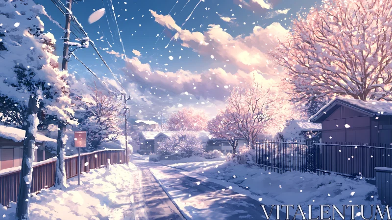 Soft winter snow drifts gently over a quiet neighborhood street