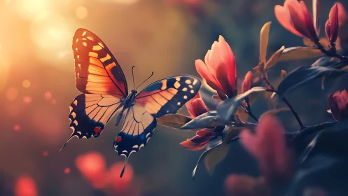 Gentle butterfly resting among glowing sunset blossoms.