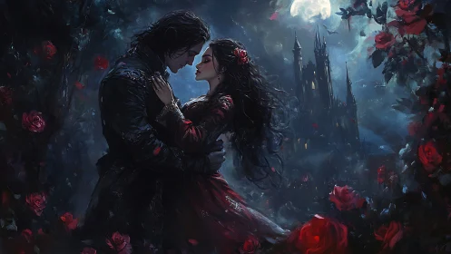 Gothic Romance: Two Lovers Embrace Under Moonlight at Castle