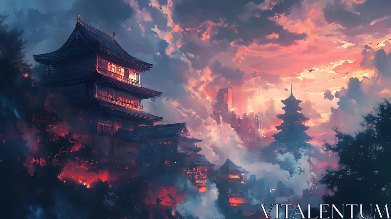 Sunlit mountain pagodas glow softly in a dreamy sky