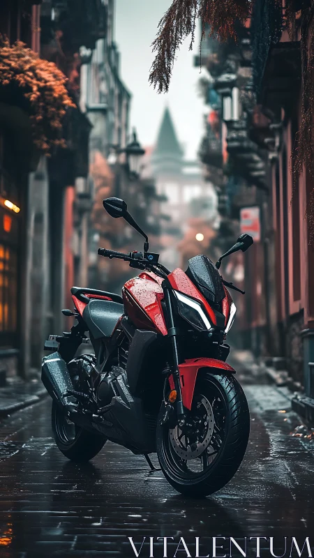 Red sport motorcycle stands on wet cobbled city street