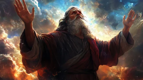 Elderly robed figure raises arms toward radiant sky.