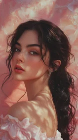 Soft-lit portrait of a young woman in romantic rose hues