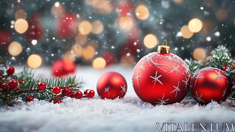 Photorealistic red baubles in snowy evergreen holiday still life.