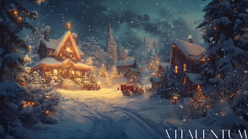 Snowy village lane glowing with festive holiday lights.