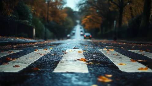 Wet zebra crossing stretches into a distant autumn road