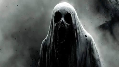 Hooded skeletal ghost figure emerging from dense gray fog.