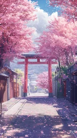 Cherry-lined shrine path under spring torii gate scene.