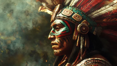 Warrior profile with ornate feathered headdress in smoke.