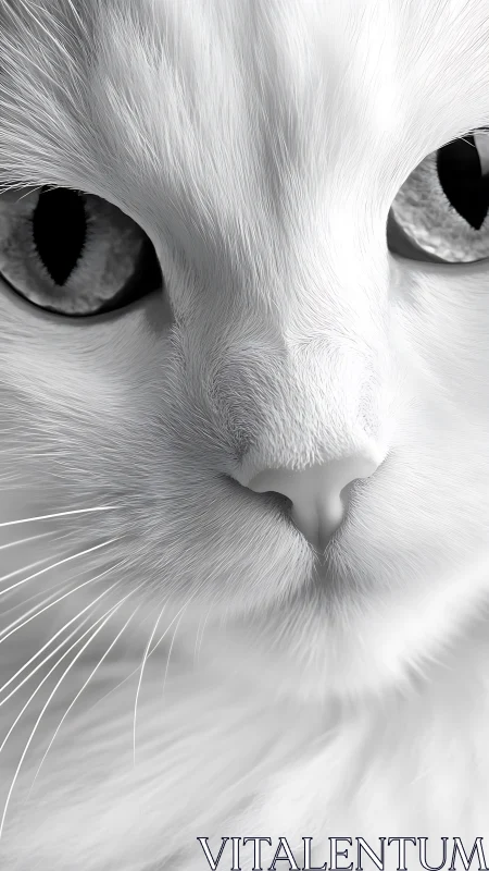 White Cat Frontal Portrait: Vertical Slit Pupil Eyes, Grayscale Study