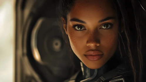 Female subject in sci-fi armor with focused frontal gaze.