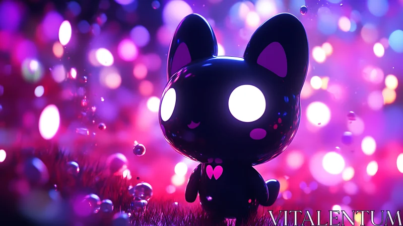 Glowing chibi cat character in neon bokeh lights scene.