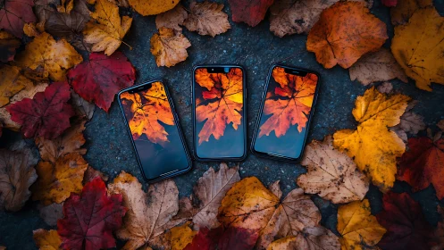 Cozy autumn leaves mirrored on glowing phone screens.