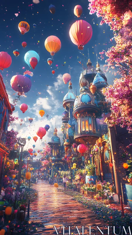 Balloon-brightened sky crowns a blossom-drenched fantasy street