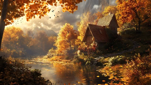 Autumnal riverside cottage under volumetric golden light.