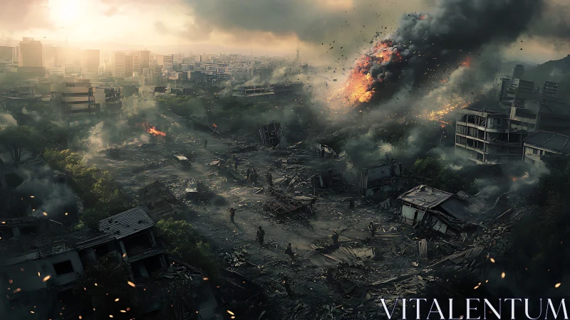 Urban battlefield with burning ruins and dense smoke.