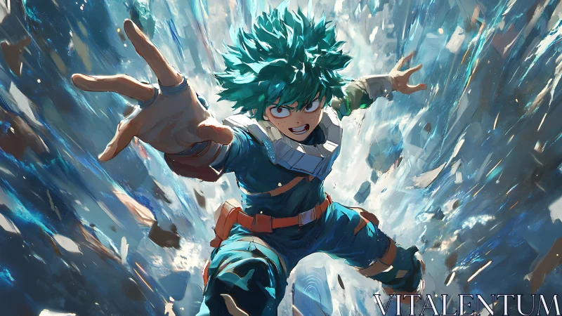 Kinetic anime hero in high-velocity radial motion field.