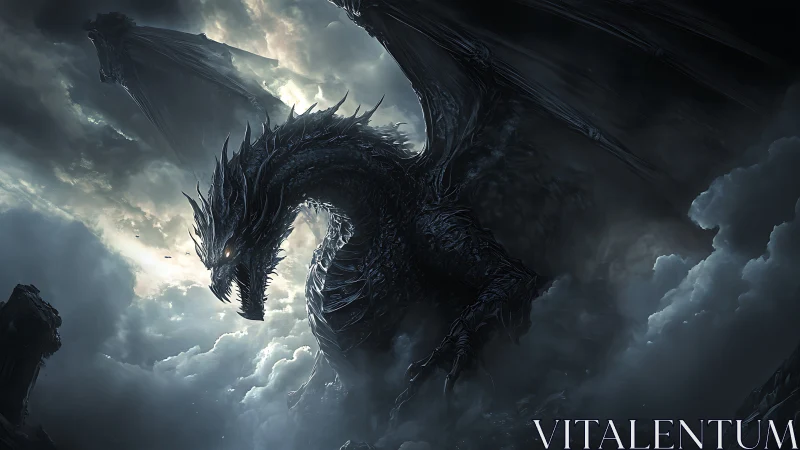 Nocturnal obsidian dragon emerging through storm-torn clouds