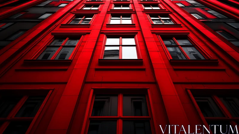 Red high rise facade shot from low angle toward sky