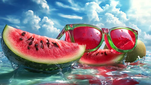 Hydrodynamic watermelon slices with refractive sunglasses focus.