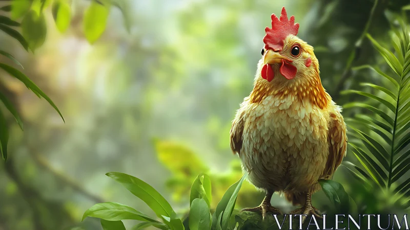 Lifelike Chicken in Lush Green Jungle, Digital Art Illustration.
