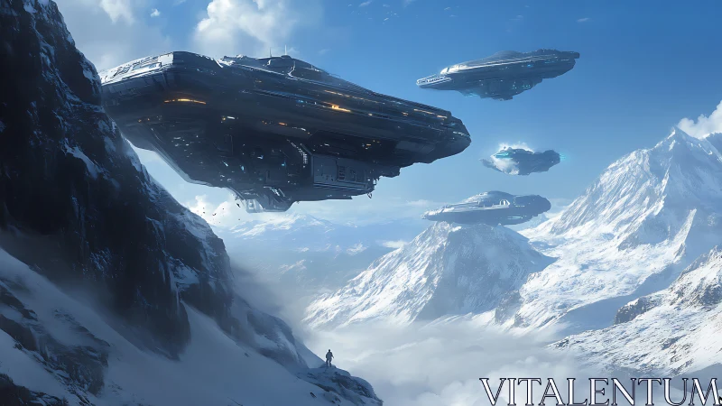Massive hovering carriers cross high-altitude icy mountain range