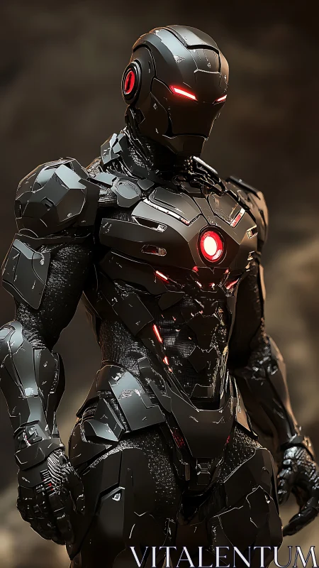 Stealth combat exosuit with red illuminated power core in bokeh