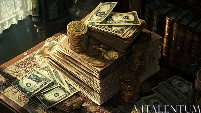Digital painting of vintage currency stacks on ornate desk.