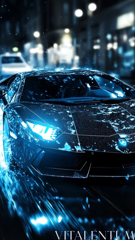 High-speed supercar rendered with neon rain reflections and motion blur