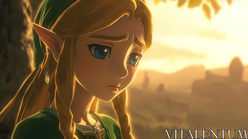 Melancholic elf girl gazes over warm sunlit valley landscape