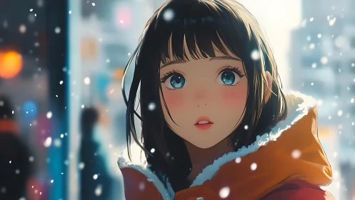 Winter city snowfall framing wide-eyed girl in orange parka.
